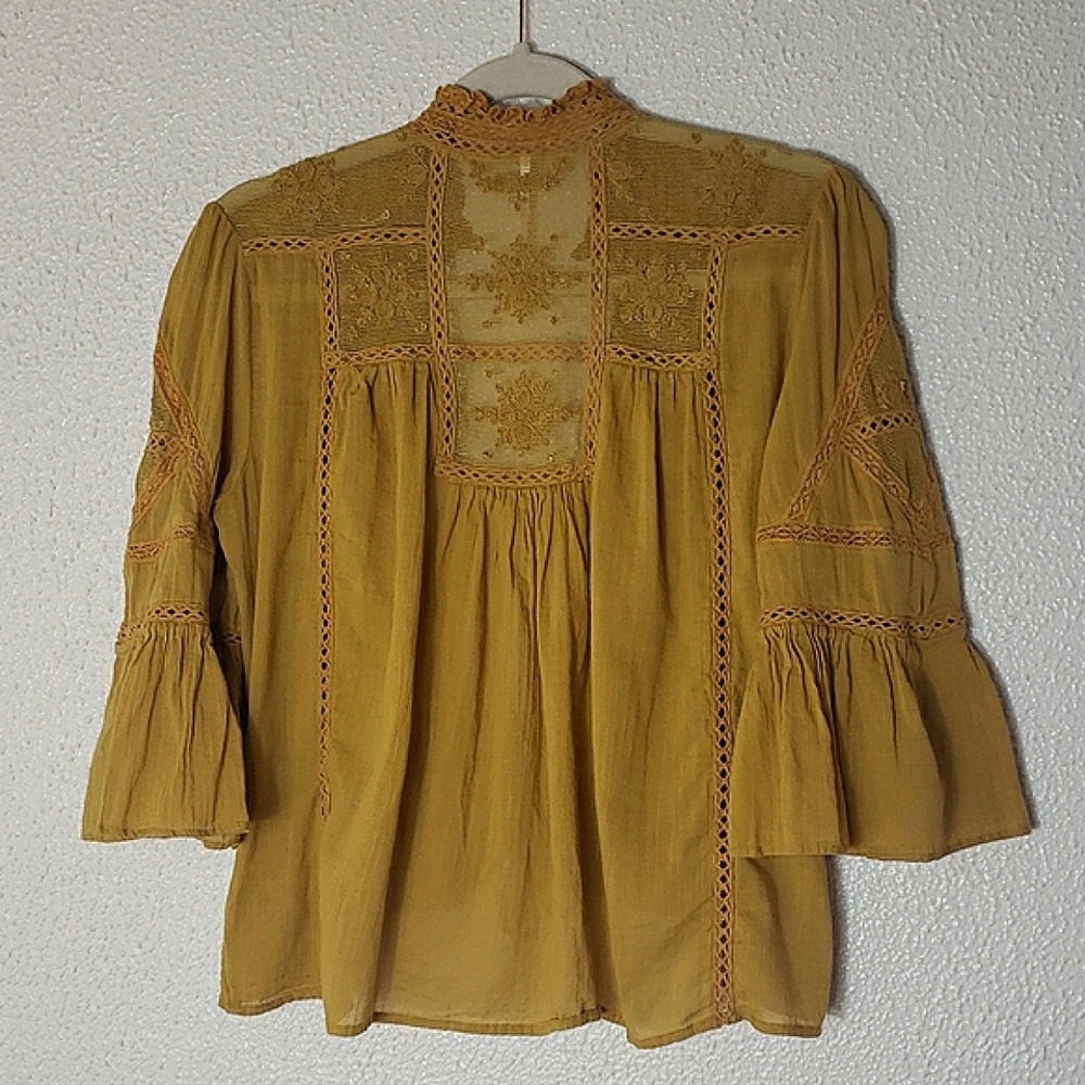 Free People Mustard Crop Top Tie Front 3/4 Bell Sleeves Lace Mesh Cotton Size S - Picture 10 of 16